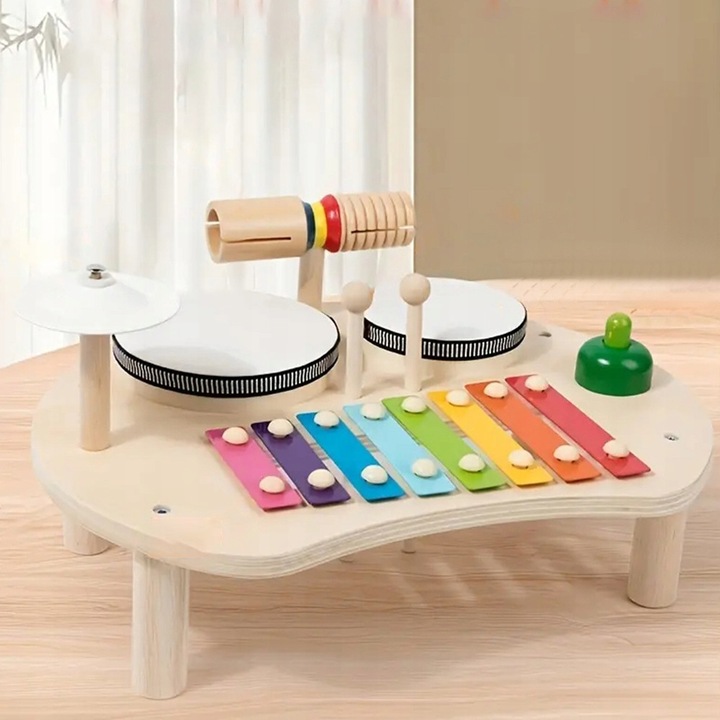Музикална играчка Bedee Монтесори от масивно дърво, включва ксилофон, звуков блок, 2 барабана, чинел и звънец, Натурален/Многоцветен, 29.8x23x15.5 см, 1 бр