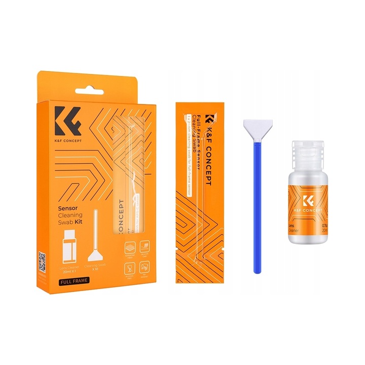 Set curatare senzor / kit curatare senzor K&F Concept Full Frame 24mm, 10 x spatute din microfibra taiata laser, lichid curatare 20ml ultracurat, multicolor