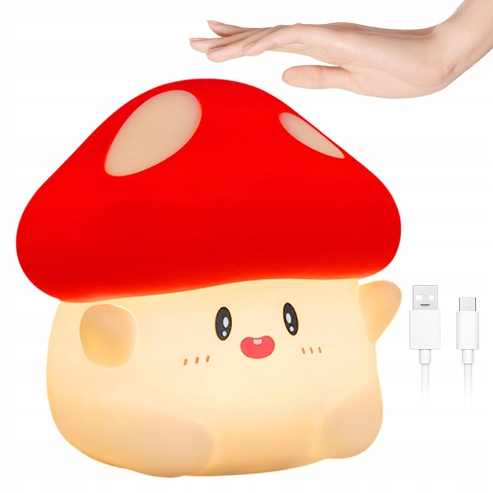 Éjjeli lámpa Night Light Mushroom, érintésvezérléssel, 2 fényerősségi szinttel, 30 perces időzítővel, szilikonból, piros, 1 db.