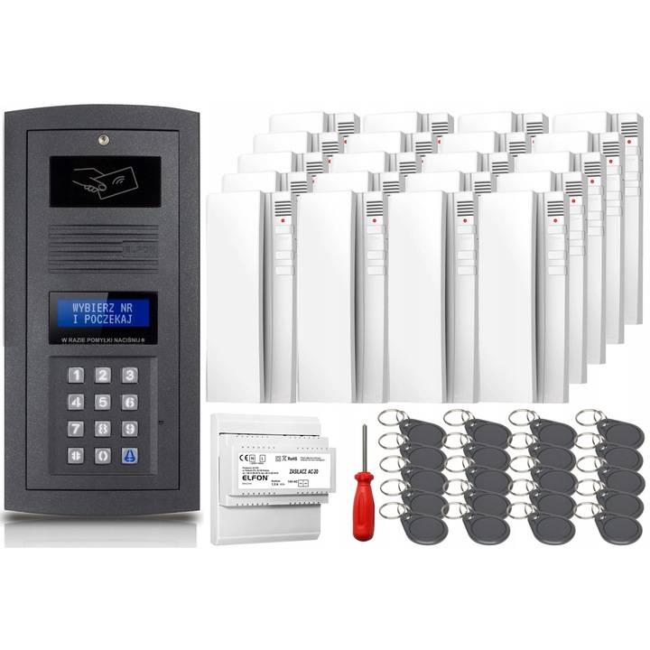 Комплект домофон Elfon OP-255R-G, цифров повърхностен с RFID четец, 20 слушалки OP-U7/3 бели, 20 RFID ключодържателя включени, графит/бял, за до 255 потребители