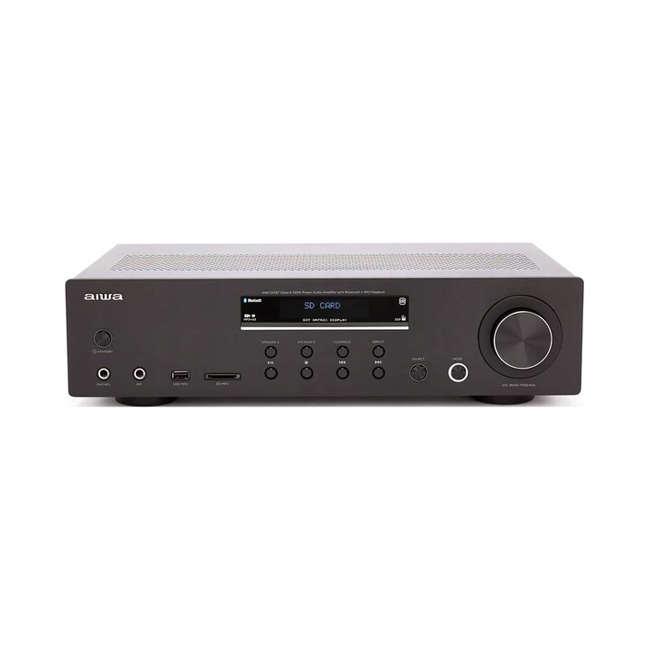 Усилвател Aiwa AMU-120BTBK, bluetooth 5.0, 2 x 60 W (стерео), 7 линейни входа, възпроизвеждане от USB/SD, вход за грамофон, включено дистанционно управление, алуминиев преден панел, черен