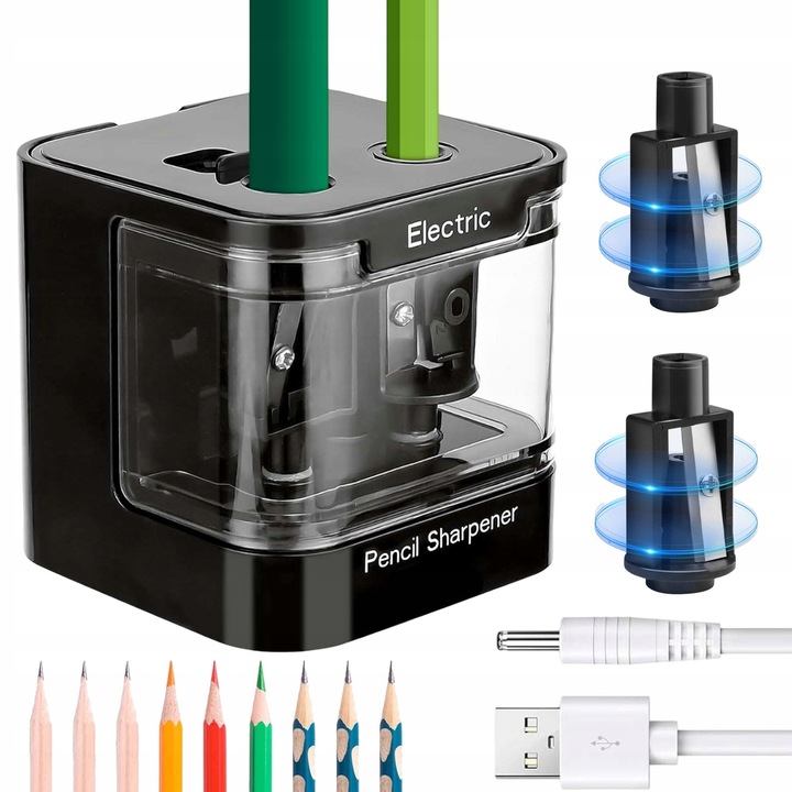Bedee elektromos hegyező, elektromos ceruzahegyező, két nyílással 6-8 mm és 9-12 mm, USB és elemes tápellátás, forgácsgyűjtő tartály, csúszásmentes, fekete, 70x70 mm
