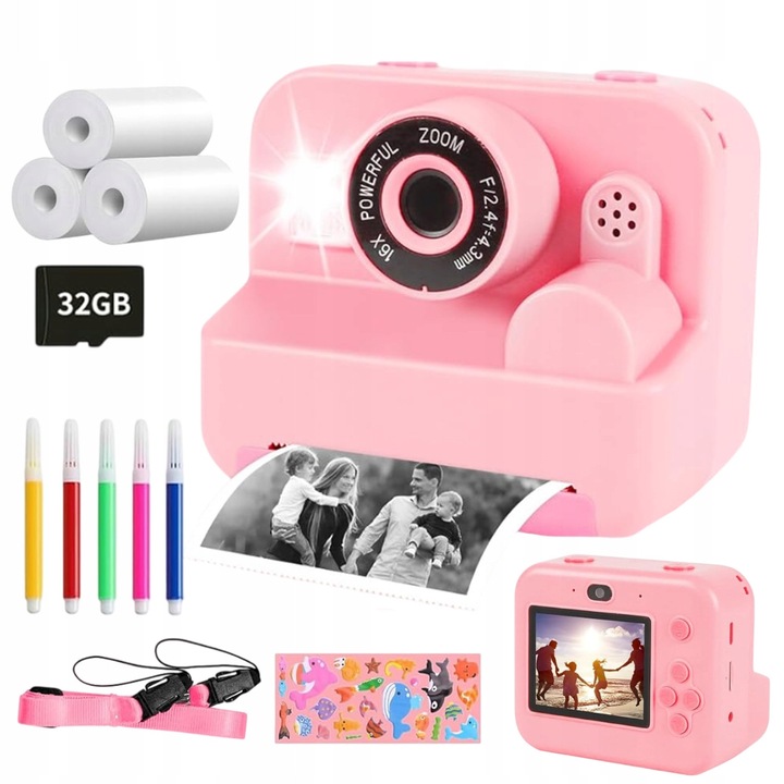 Детски фотоапарат Bedee Mini 1080P, термопринтер без мастило, включена 32GB SD карта, розов, 1 бр