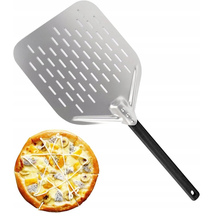 Lopata pentru pizza, paleta perforata din metal pentru copt, cu maner lung, argintiu/negru