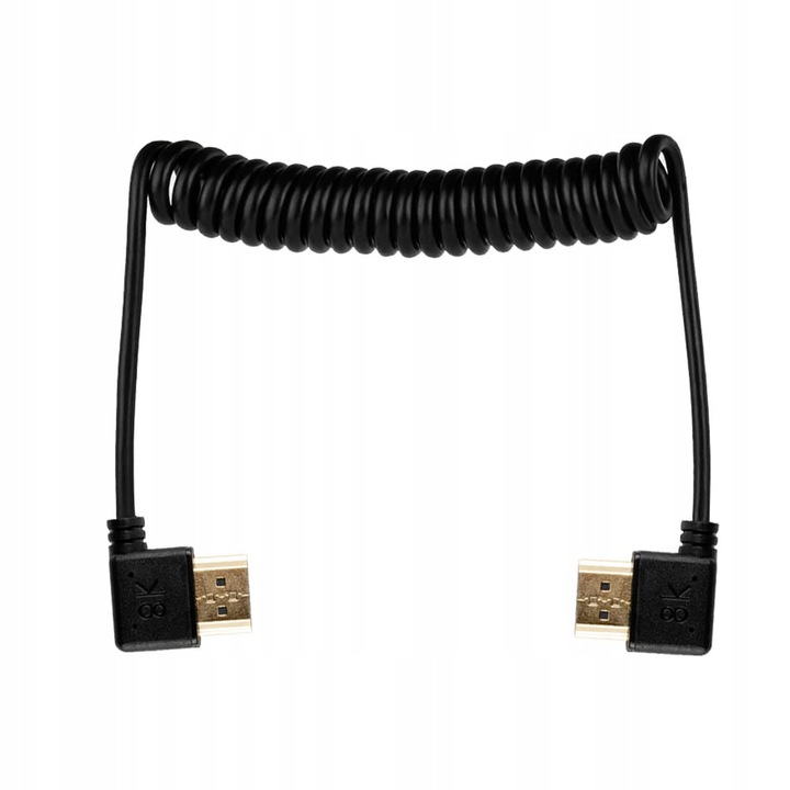 HDMI кабел MITOYA, спирален видео кабел, ъглови конектори ляв/десен, 50см, HDMI 2.1 48 Gb/s 8K/60Hz, черен