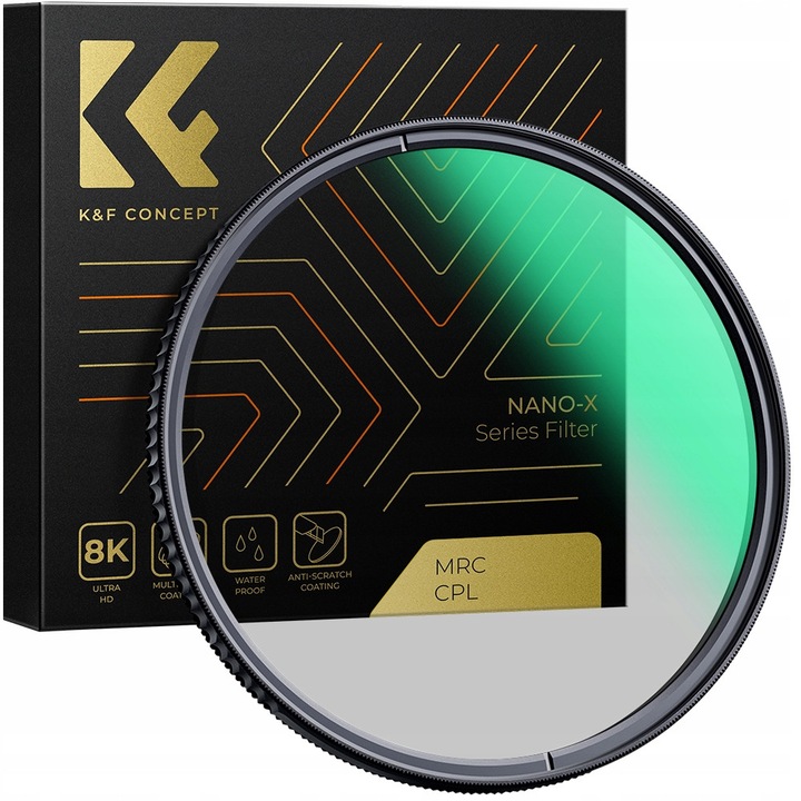 Поляризиращ филтър CPL K&F Concept Nano-X, стъкло Schott B270 MC, водоустойчиво нано покритие за лесно почистване, тънка въртяща се алуминиева рамка, зелен, 82 мм