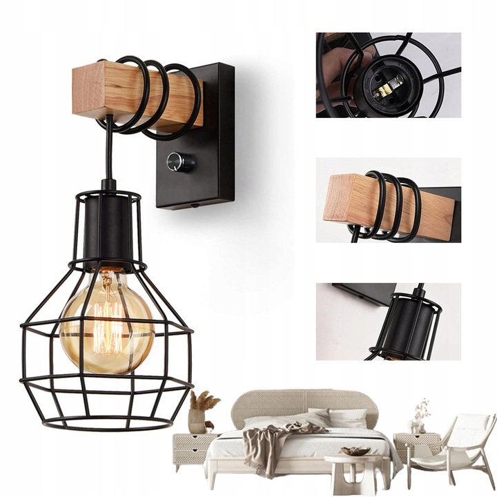 Aplica de perete Bedee Retro din lemn si metal, cu dimmer 0-100% si soclu E27, negru/lemn, 15x29 cm, 40W