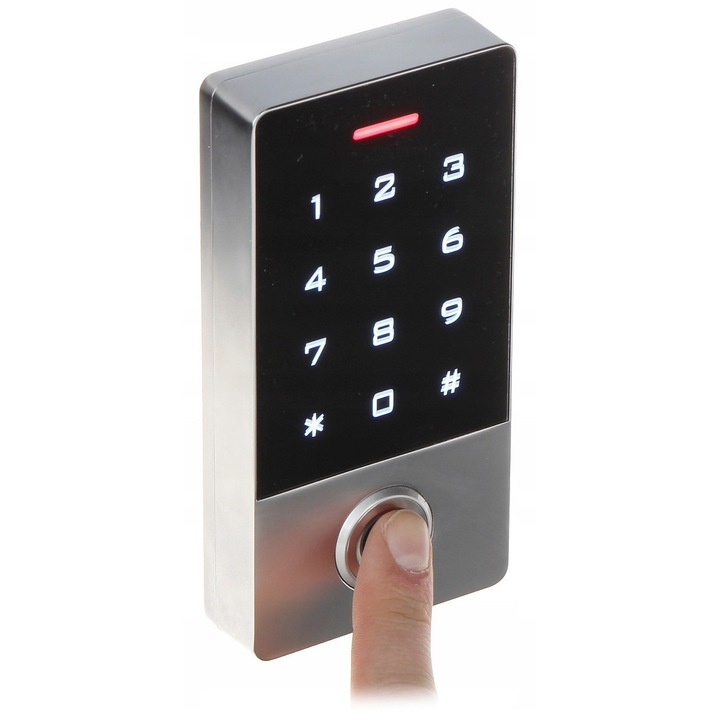 Incuietoare electronica / yala Atlo ATLO-KRMF-555, Wi-Fi, cititor amprenta si RFID, acces PIN si card, Interfata Wiegand 26 bit, IP68, otel inoxidabil si sticla securizata, Argintiu/Negru