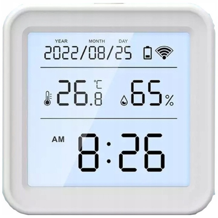 Hőmérséklet- és páratartalom érzékelő, Tuya Smart/Smart Life kompatibilis, órával és naptárral, Wi-Fi 2.4GHz, Fehér, AAA elemek x3