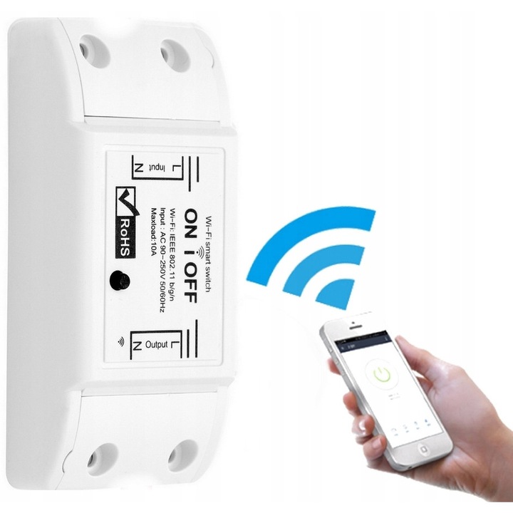 Comutator inteligent WiFi Tuya, releu ON/OFF compatibil iOS/Android, max. 10A 90-250V, alb