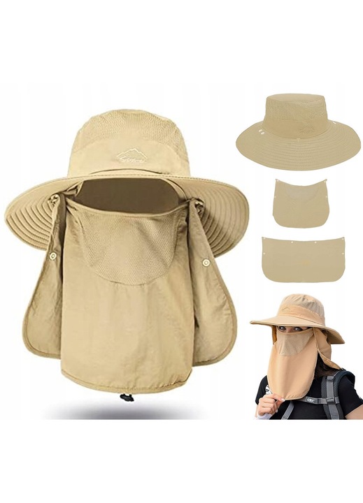 Palarie bucket din nylon cu protectie 360° pentru fata si gat, reglabila cu snur, pliabila, khaki, marime universala