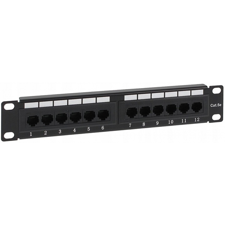 Patch panel RJ-45 Atel PP10-12/RJ 10, UTP Cat.5e kábelekhez, 12 portos, 1U rackbe szerelhető, fekete, 1 db