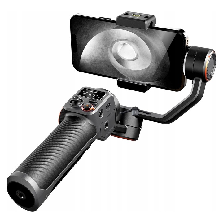 Gimbal stabilizator Hohem iSteady M6, pe 3 axe, cu lampa magnetica AI vision si ecran OLED 0,91 inchi, sarcina utila 400 g, negru, set cu stativ si accesorii