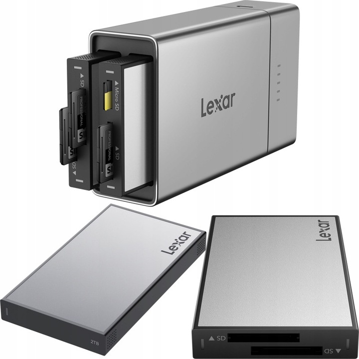 Set Lexar Professional Workflow Go, statie dock cu SSD portabil 2TB si cititor carduri Dual-Slot SD UHS-II, SSD 2000 MB/s, USB 3.2 Gen 2x2/USB-C 10 Gb/s, baterie 5000 mAh, argintiu, 1 set