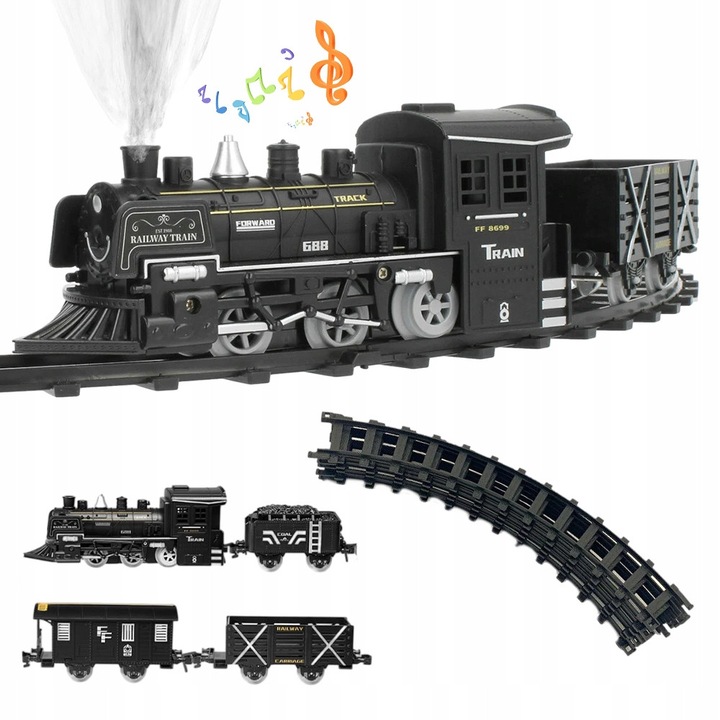 Set tren electric pentru copii, jucarie tren cu sunet si lumina, vagoane si sine incluse, negru, 1 set