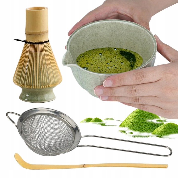 Set pentru matcha, set ceai matcha, bol ceramic si tel din bambus, sita din inox, lingurita chashaku din bambus, suport pentru tel, Multicolor, 5 piese