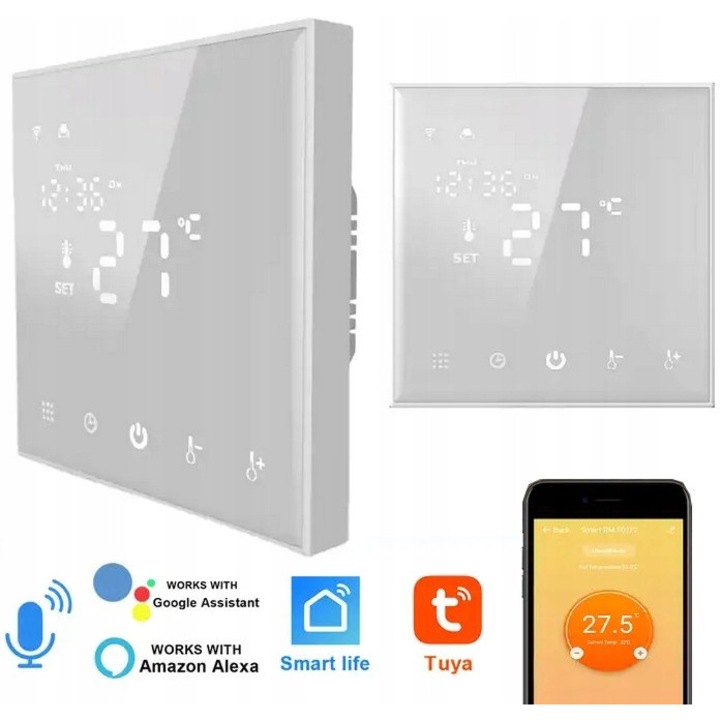 Термостат/Регулатор, LED тъчскрийн, WiFi Tuya съвместим с Alexa/Google, седмичен програматор 5+2/7 дни, за електрическо и подово отопление, Бял, 86x86x10mm, 90-240V