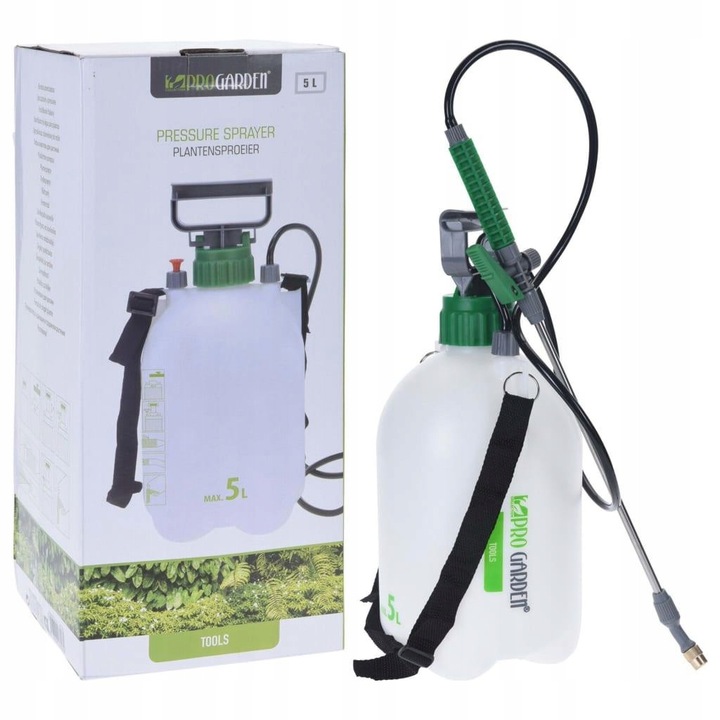 Pulverizator cu presiune de gradina ProGarden 77009, manual, lanca din otel inoxidabil si duza din alama, cu banda de umar si rezervor transparent, alb/verde, 5 L