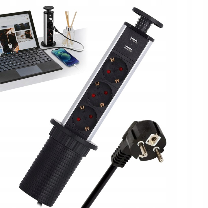 Вграден разклонител, 3 контакта, 2 USB порта, вертикален, черен, 29x8см