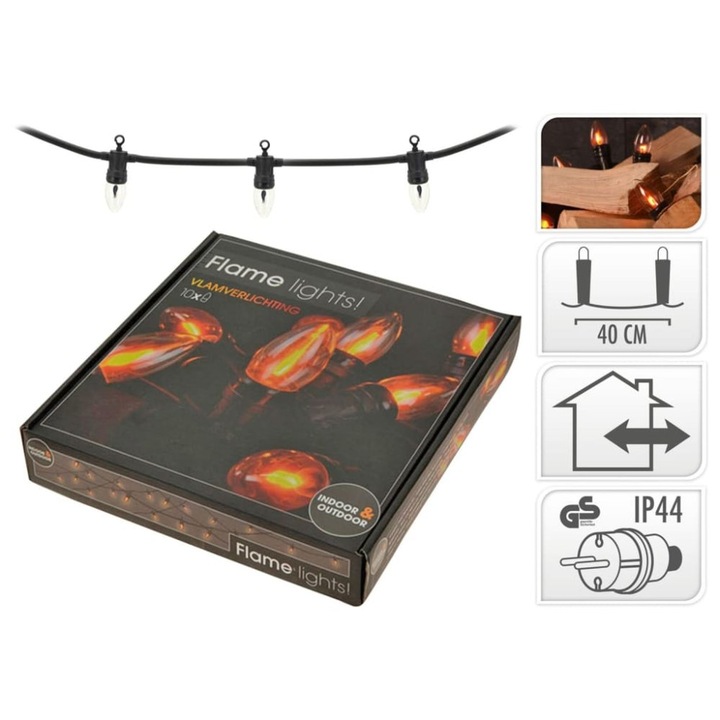 Светеща гирлянда Ambiance Flame lights, с ефект на пламък, LED 1,45W на крушка, дължина 5,1 м (3,6 м низ + 1,5 м кабел), прозрачна, 10 крушки, 220V, IP44