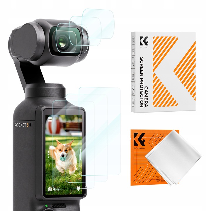 Комплект протектори за стъкло K&F Concept за DJI Osmo Pocket 3, стъкло с твърдост 9H, ултратънко 0,3 мм, против надраскване и олеофобно, прозрачно, 6 броя (3 x екран, 3 x обектив)