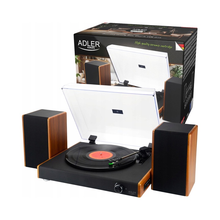 Gramofon ADLER AD 1915, pick-up cu Bluetooth 5.4 si USB, inregistrare pe USB, difuzoare stereo 2 x 10 W, cartus ceramic, antrenare cu curea, iesire RCA, viteze 33/45/78 rpm, negru/lemn