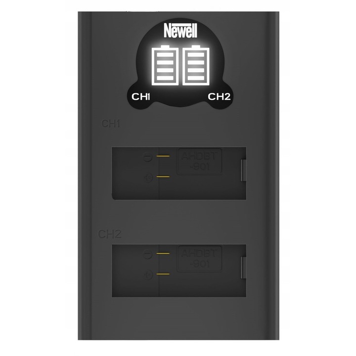 Incarcator dual USB Newell DL-USB-C, cu afisaj LCD, 2 canale 700 mA, compatibil GoPro AHDBT-901, Negru, 1 buc