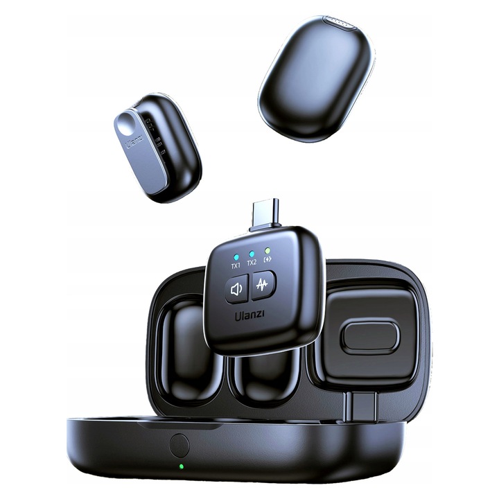 Microfon lavaliera wireless Ulanzi A30, transmisie 2,4 GHz pana la 50 m, etui incarcator powerbank 20 h suplimentare, Negru, 2 buc.
