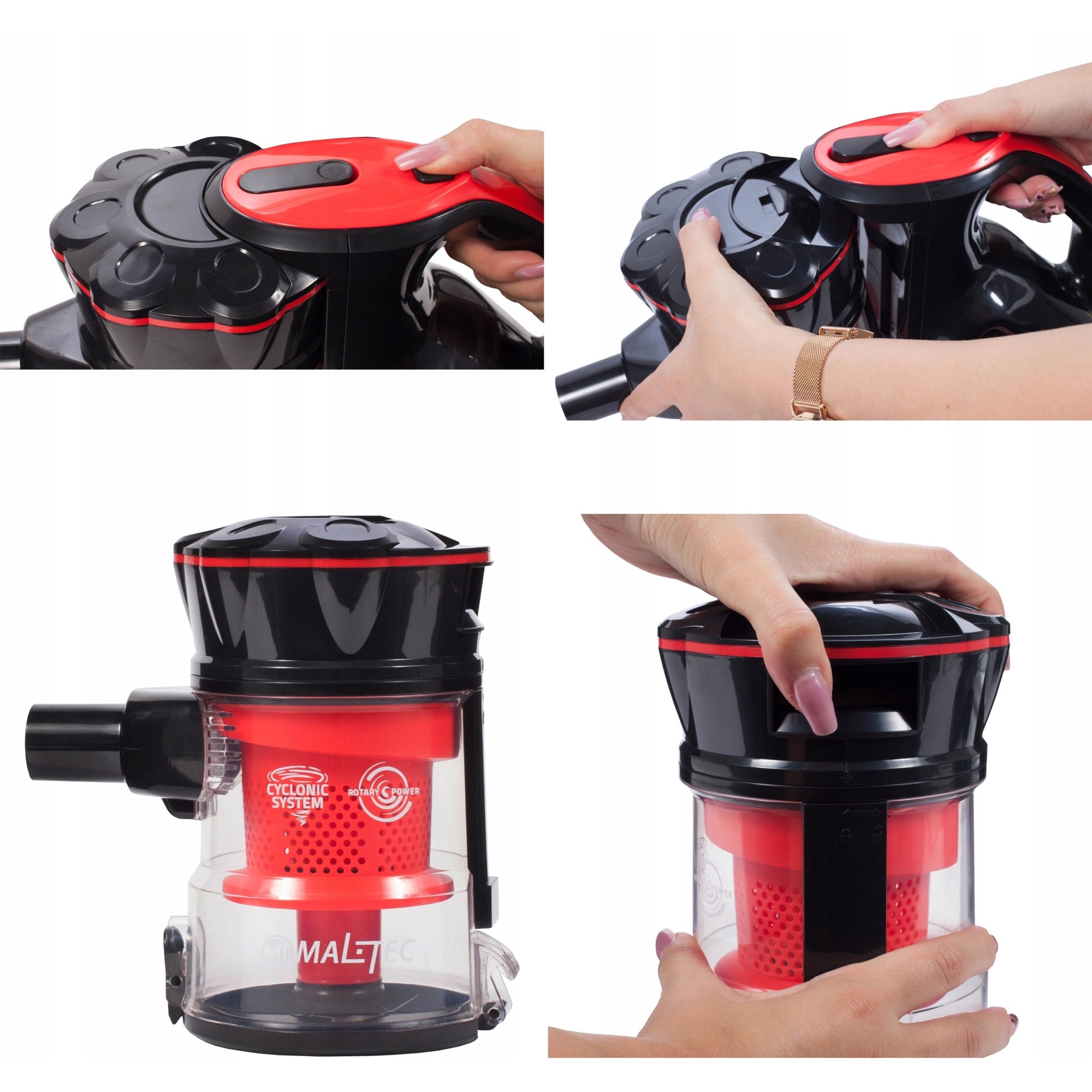 Aspirator vertical fara sac Maltec Turbo Cyclone, 800W, tehnologie ciclon, filtru HEPA, cablu 5m, 3l, negru/rosu