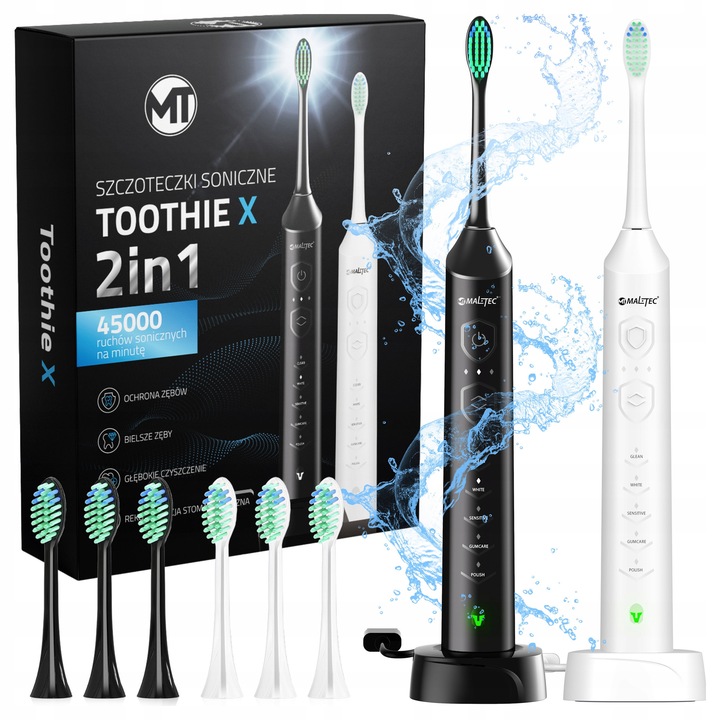 Maltec Toothie X2in1 elektromos szónikus fogkefe, 45.000 szónikus mozgás/perc, 5 mód, 3 intenzitási fokozat, USB induktív töltés, IPX7, akár 90 napos üzemidő, Fekete/Fehér, 2 darab, 6 fej