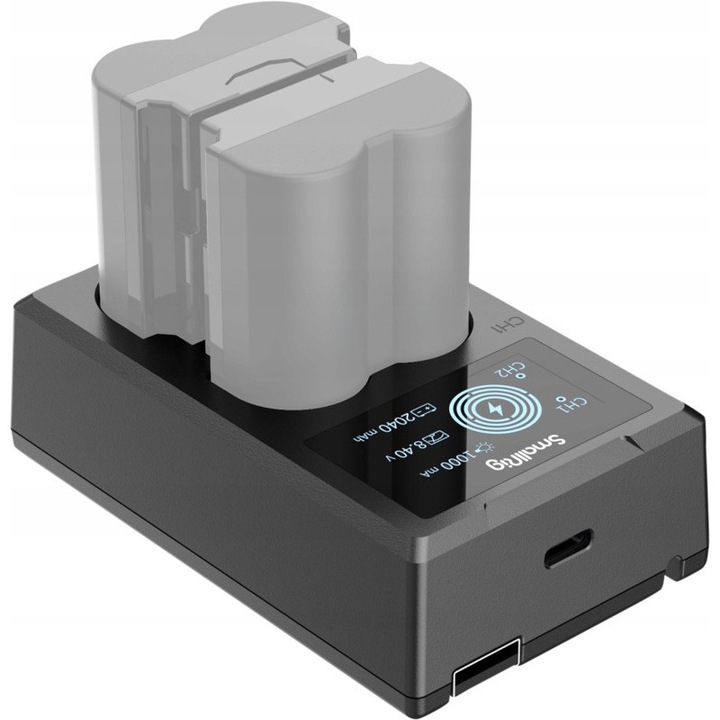 Incarcator baterii SmallRig 4085, incarcator dual cu ecran LCD, cablu USB-A incorporat si intrare USB-C, 8.4V 1000mA pe canal, Negru, 1 buc