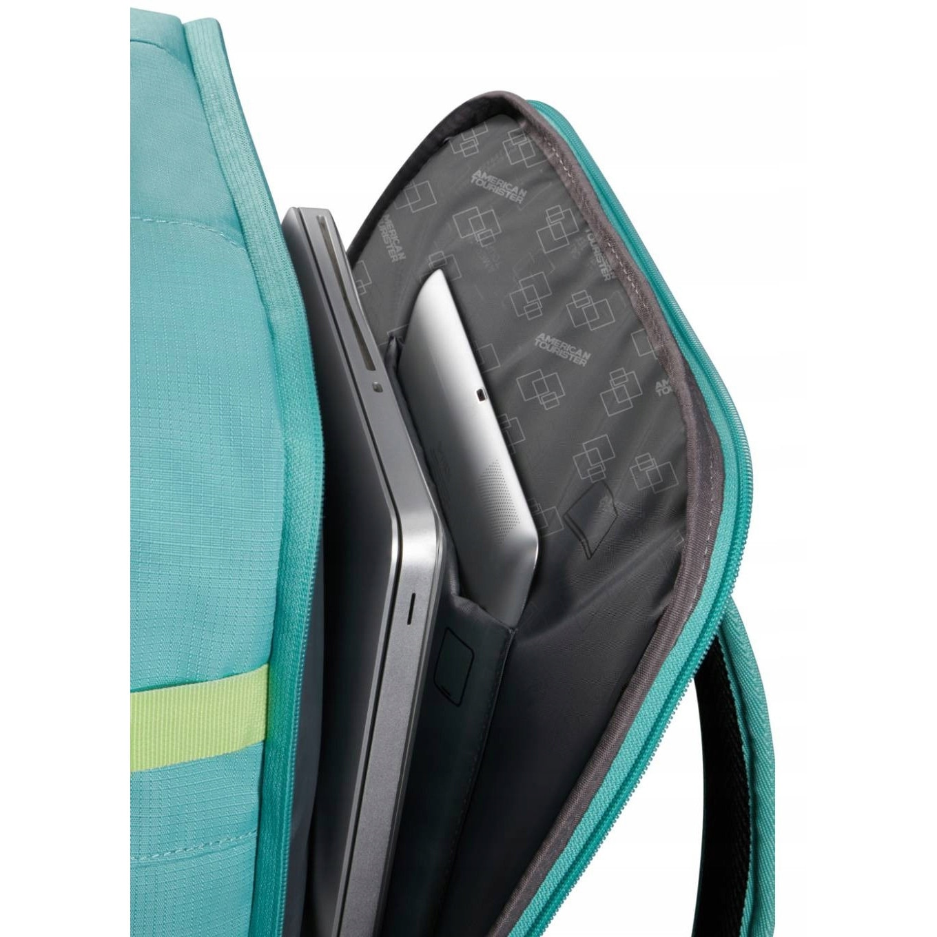 American Tourister, Rucsac de cabina din poliester rPET cu compartiment laptop 15,6 inch, pas Smart Sleeve si buzunar organizator Take2Cabin MS, turcoaz/verde lime, 40 x 30 x 20 cm