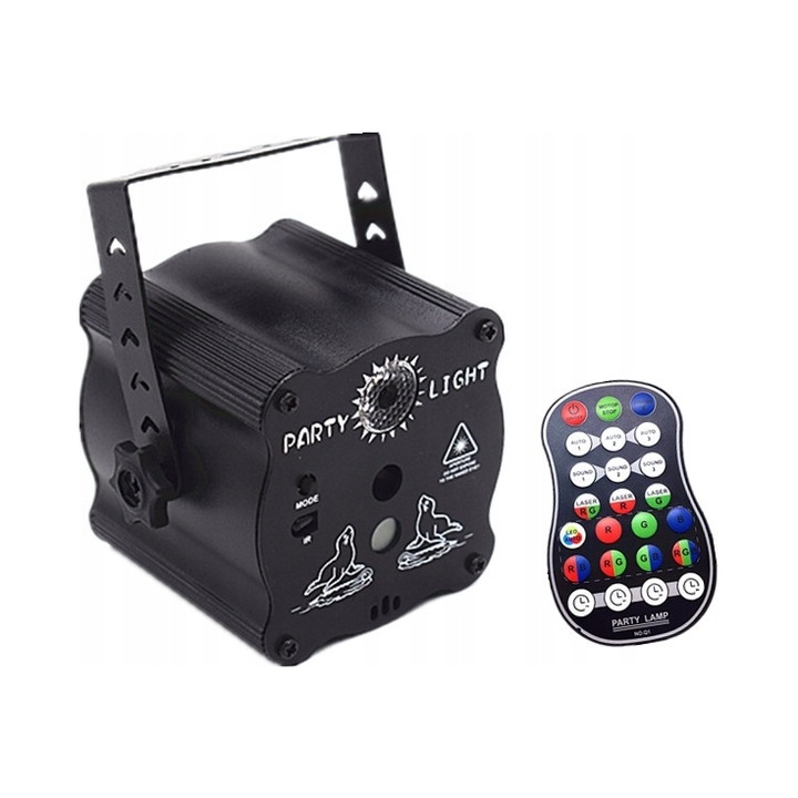 L50 LED lézer projektor, piros/zöld lézeres diszkólámpa, 8W, 8 LED mód és hangvezérlés/távirányító, USB, alumínium, fekete, 1 db