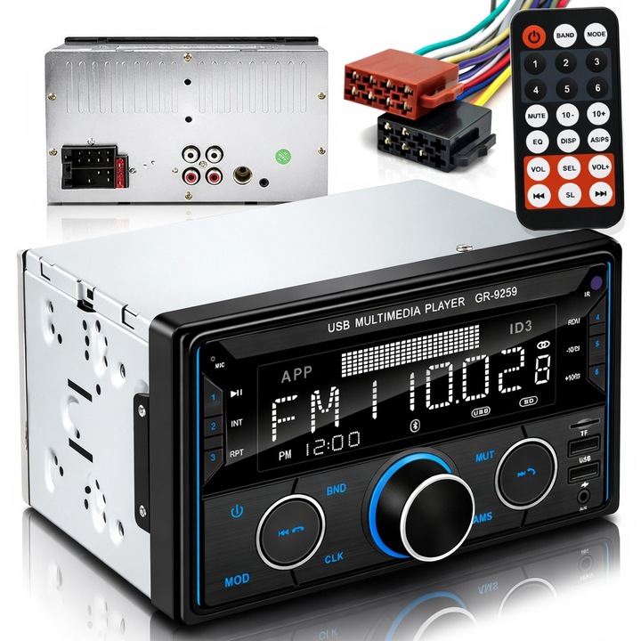 Autórádió 2DIN FLIX GR-9259, Bluetooth kihangosító, USB/SD/AUX MP3, LCD RGB világítással és távirányítóval, Fekete