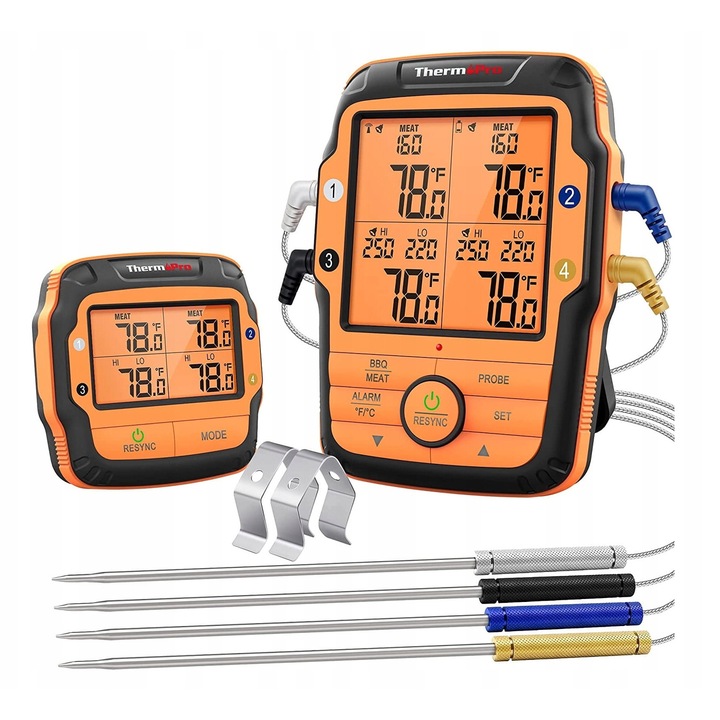 Termometru digital bucatarie ThermoPro TP-27, 4 sonde, ecran LCD iluminat, multicolor, 1m cablu