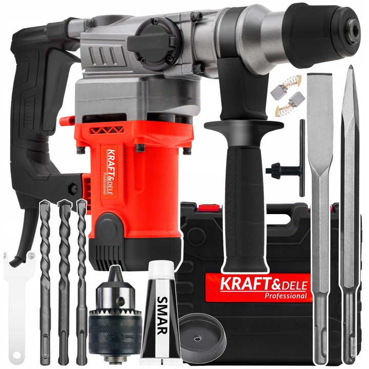 Ciocan rotopercutor/ciocan udar Kraft&Dele 2800W SDS+, energie de impact 6J, cu set accesorii (3 burghie SDS+ 6/8/10 mm, dalti, perii, smar) si valiza, rosu/negru