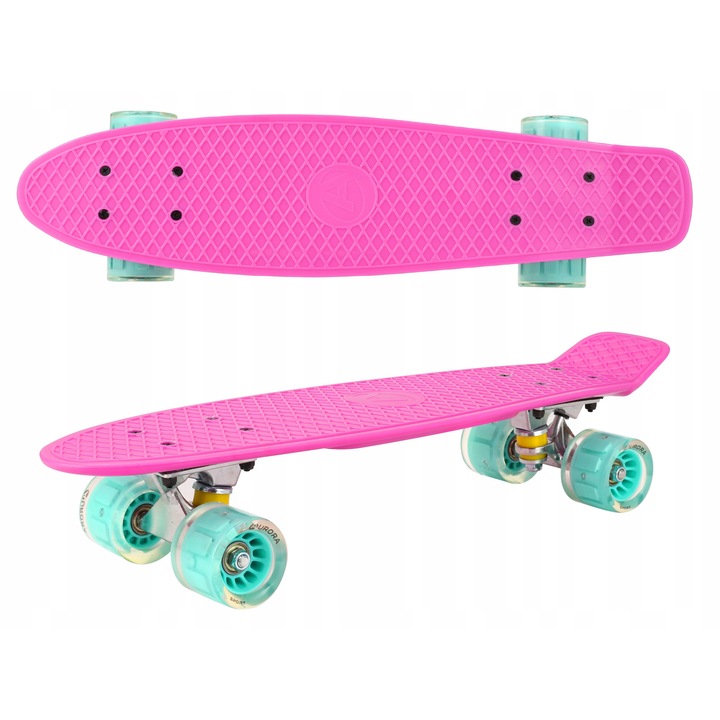 Skateboard Aurora Fiszka 56cm, LED kerekekkel, műanyag deszka gumikerekekkel, lila, max 60kg