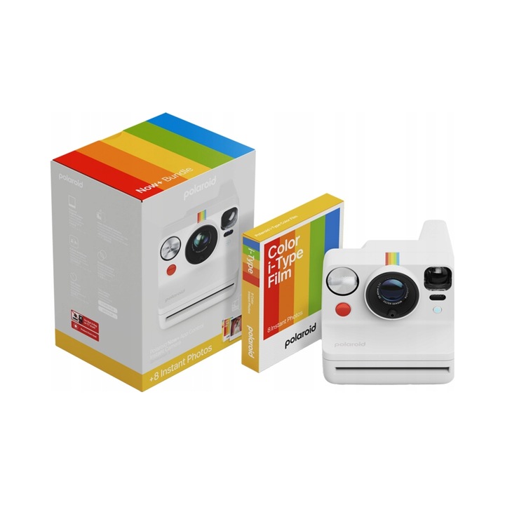 Polaroid Now+ Gen 3 azonnali fényképezőgép, 2 zónás autofókusz, Bluetooth alkalmazásvezérlés, Fehér, 8 x i-Type színes film