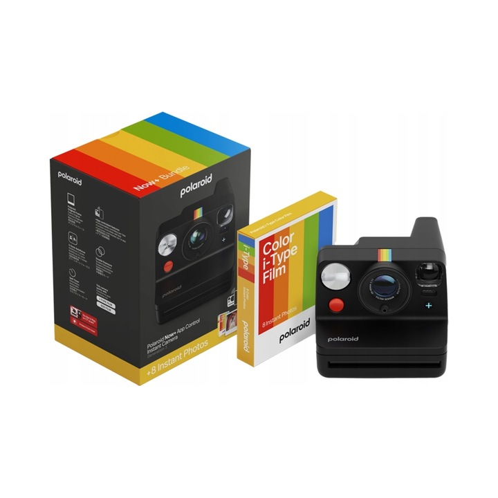 Polaroid Now+ Gen 3 azonnali fényképezőgép, Bluetooth-szal és alkalmazásvezérléssel, 2 zónás autofókusszal, USB-C akkumulátorral, fekete, 8 db i-Type filmmel csomagban