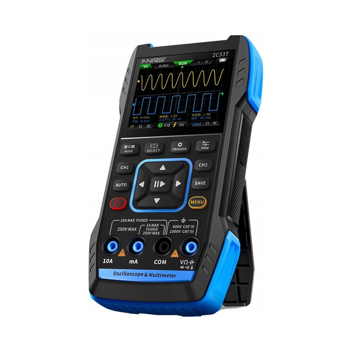 Преносим цифров осцилоскоп Fnirsi 2C53T, 2 канала, честотна лента 50 MHz, честота на дискретизация 250 MS/s, мултицет True RMS 4,5 цифри 19999, генератор на сигнал 50 kHz, екран 2,8 инча (320x240), батерия 3000 mAh, син/черен, 1 бр