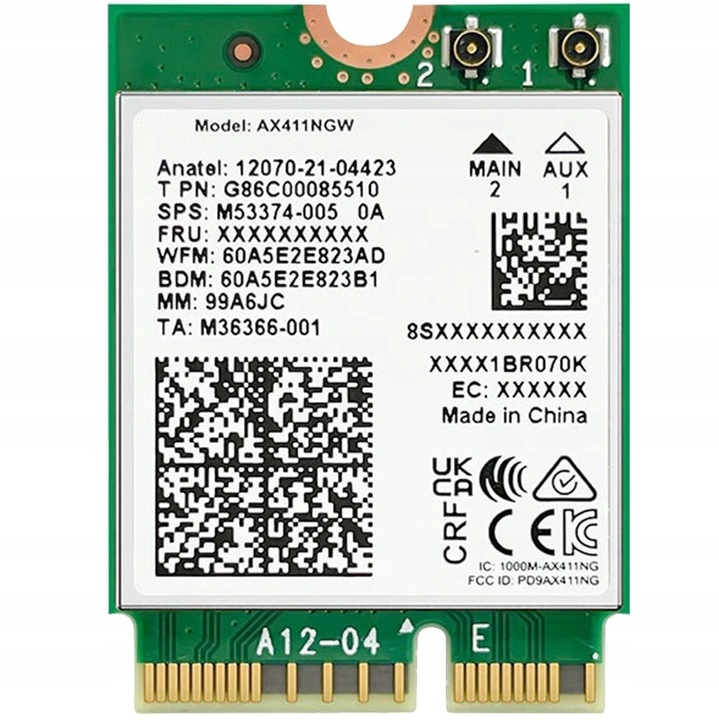 Вътрешна мрежова карта Intel AX411NGW, WiFi 6E 802.11ax 6GHz, M.2 CNVio2 M.2 2230, скорост до 5374 Mbps, Bluetooth 5.3, зелен, 1 бр.
