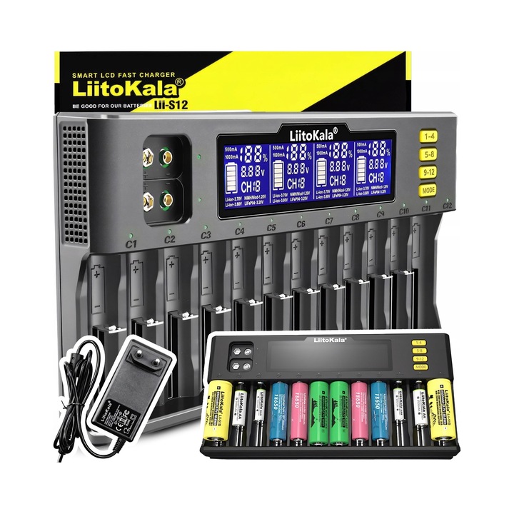 Retoo ER1156 univerzális akkumulátortöltő / elemtöltő, 12 csatornás, LCD kijelzővel, Li-ion/NiMH/Ni-Cd/LiFePO4 kompatibilis, Fekete, 1 db