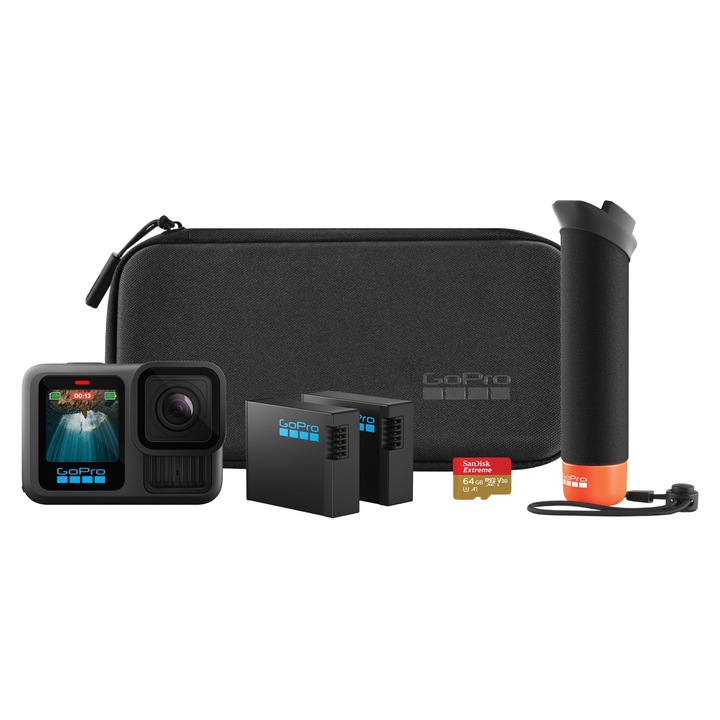 Camera sport GoPro HERO13 Black, pachet accesorii Hard Bundle, 5.3K 27MP, HyperSmooth 6.0, negru, set