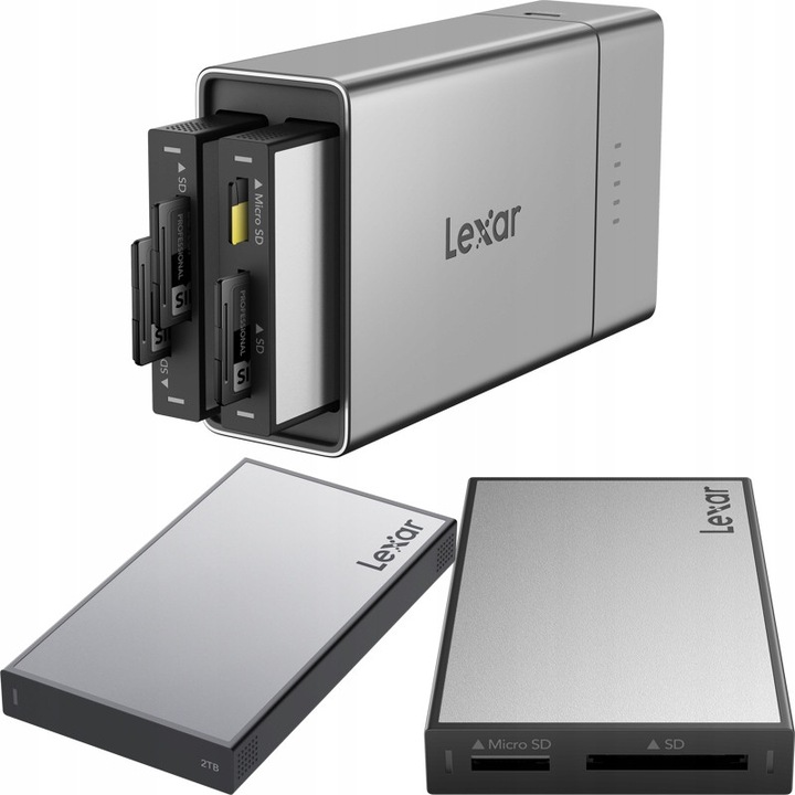 Set Lexar Professional Workflow Go LPWF710N-4ANGL, SSD 2 TB 2000 MB/s, statie dock 2 sloturi cu baterie 5000 mAh si cititor carduri SD/microSD UHS-II, Argintiu, 1 set