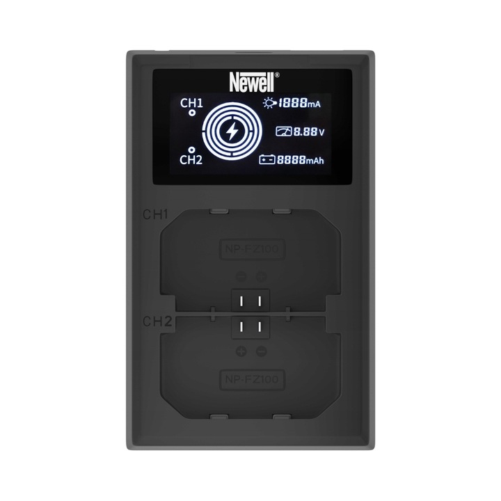 Incarcator dual Newell FDL-USB-C pentru acumulatori NP-FZ100, alimentare USB/USB-C 5V 2,1A, incarcare 2 x 1000 mA cu afisaj, Negru, 8,5 x 5,3 x 2,5 cm