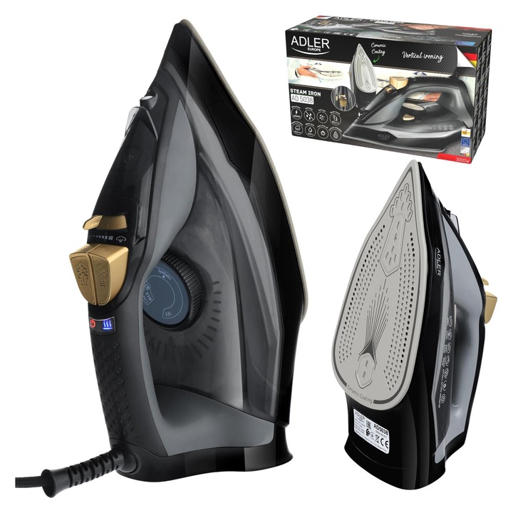Fier de calcat cu abur Adler 3000W ceramic alb 12,5x23cm
