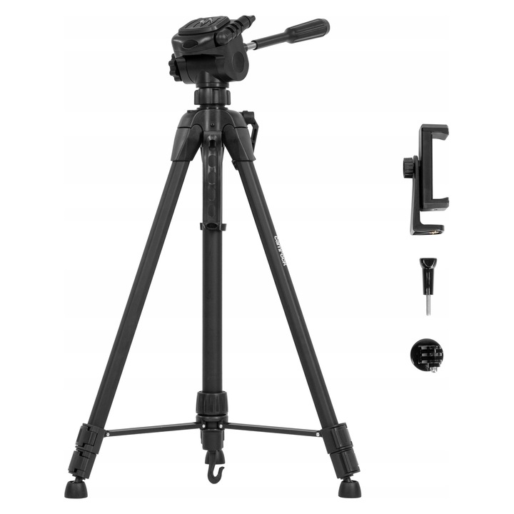 Статив Camrock TC63 черен, 3 секции, максимална височина 159,5 см, капацитет 3,5 кг, пълен комплект със стойка за спортни камери и калъф