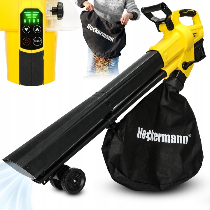 Aspirator de gradina Heckermann Select AVDM40 3 in 1 (suflanta, aspirator, tocator), 40V (2x20V), galben-negru, sac 35L
