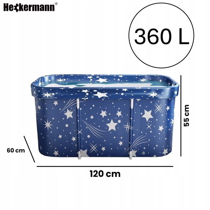Cada portabila Heckermann pliabila cu cadru metalic, albastru cu imprimeu stele, 360 L, 120 x 60 x 55 cm