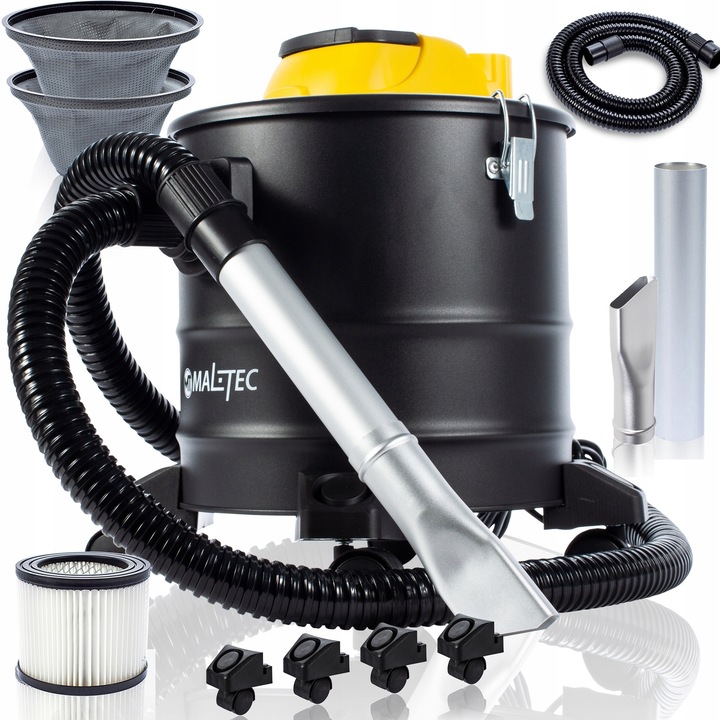 Прахосмукачка за пепел Maltec ML1800-ASH1, 1800 W, двойна HEPA филтрация и текстилен филтър, устойчив на температура, функция издухване, без торба, черен/жълт, 18 L